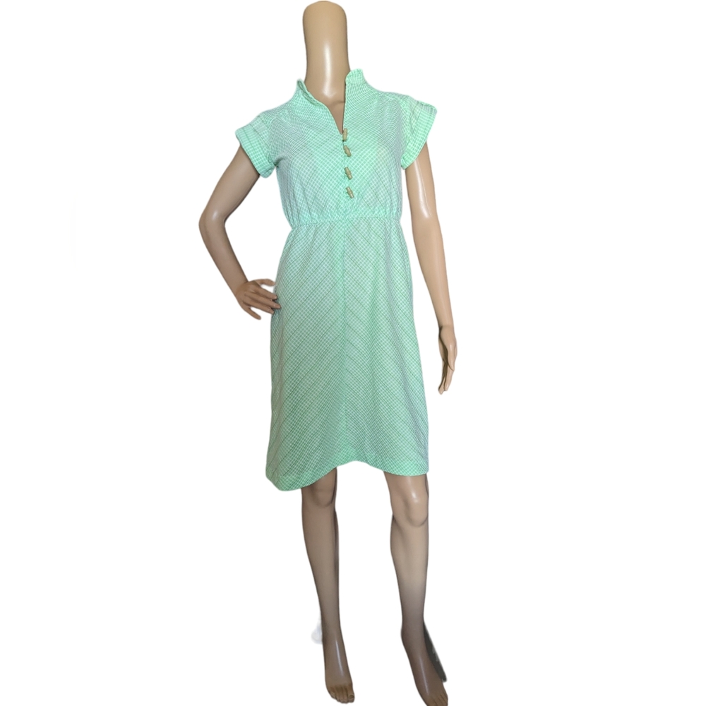 Vintage 70s Green Lightweight Short Sleeve Bamboo Button Mini Disco Day Dress